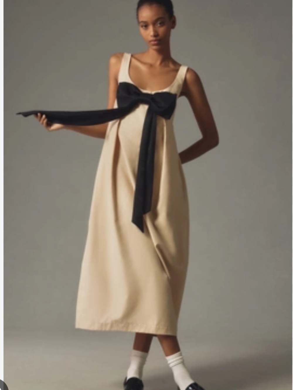 Maeve Cream Midi Dress with Oversized Black Bow